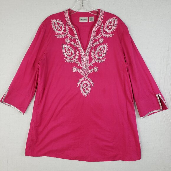 Chico's Tunic Top Embroidered Ethnic Boho Sequins Cotton Pink size L Resortwear - Picture 1 of 12